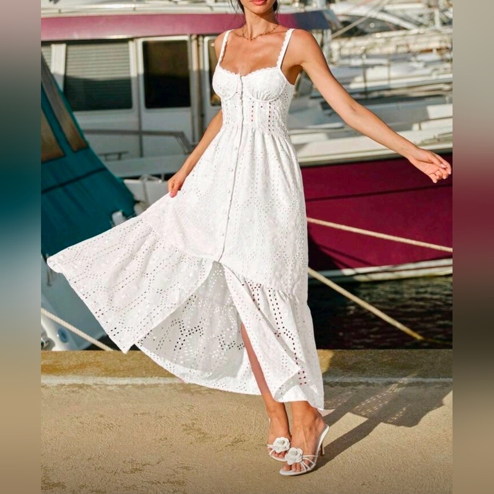 New Embroidered Eyelet Lace Bustier Corset Look Long Cami Dress White